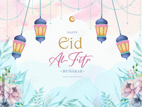 Eid Al Fitr Greeting Card with Arabic Lantern Watercolor Background