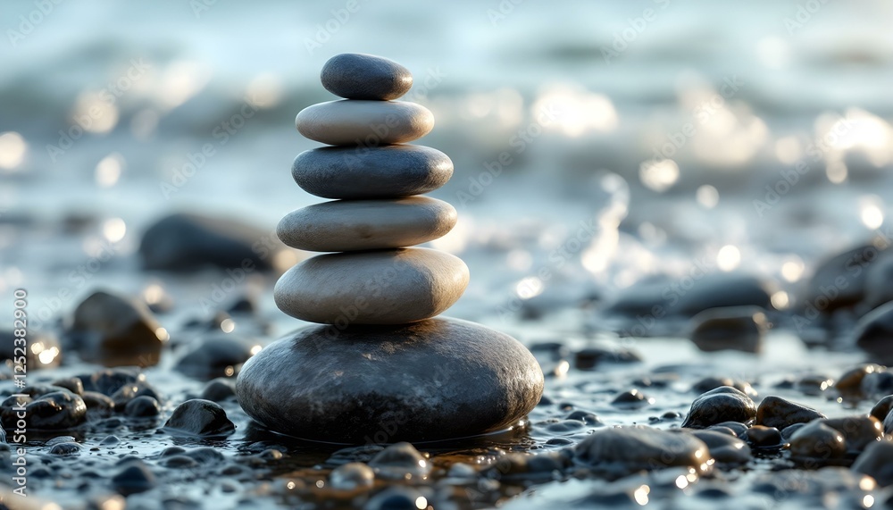zen, stones, tall, stack, smooth, rugged, textures, wet, rocky, surface, ocean, sea, spray, waves, dynamic, background, glistening, sunlight, gentle, photorealistic, quality, serene, tranquil, harmony