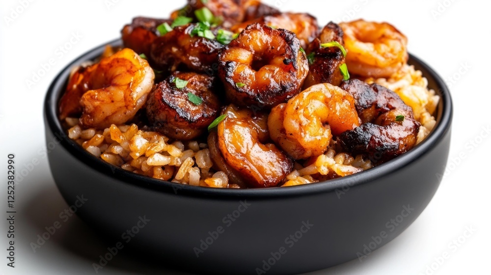 Savory grilled shrimp with rice in black bowl isolated on white background. Generative AI Savory grilled shrimp with rice in black bowl isolated on white background. Generative AI