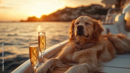 Luxury Bulldog Relaxing on Yacht with Champagne Stylish Sunglasses and Gold Watch Ocean Vacation Lifestyle photo