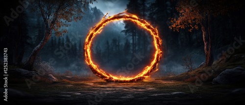 Ring of fire in forest with ancient glowing portal inside a medieval castle setting