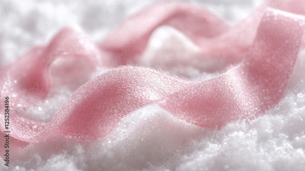 Fototapeta premium Close Up of a Wavy Pink Ribbon on a Bed of White Crystalline Granules