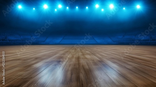 Empty sports hall with wooden floor and blue dramatic lighting on isolated white background. Generative AI photo