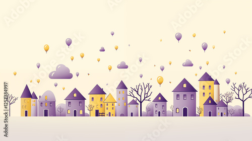 Easter illustration, hand-drawn aesthetic featuring a festive Easter Spring village scene with small houses, and egg spring like trees ~ Created using Generative AI