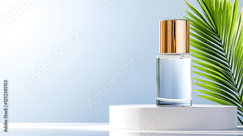 Wallpaper Mural sleek perfume bottle with golden cap is elegantly displayed on white platform, accompanied by green palm leaf against soft blue background Torontodigital.ca