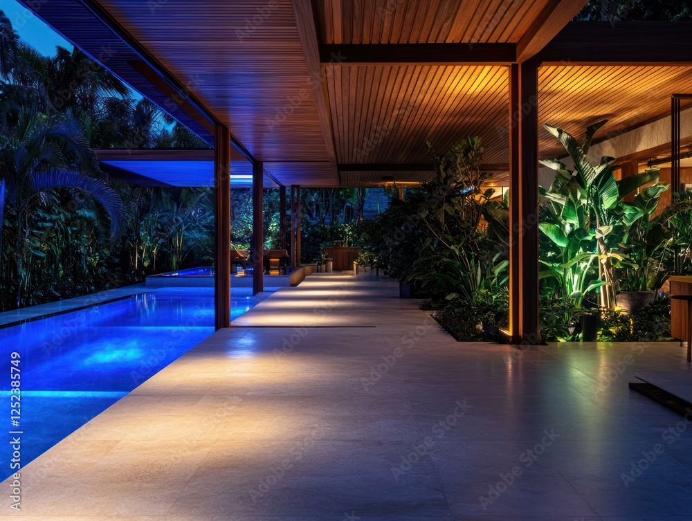 Tropical modern home, night poolside walkway, lush garden, architectural design Tropical modern home, night poolside walkway, lush garden, architectural design