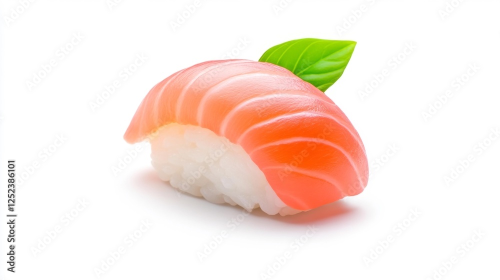 Fresh Salmon Sushi with Rice and a Green Leaf Garnish. Generative AI Fresh Salmon Sushi with Rice and a Green Leaf Garnish. Generative AI