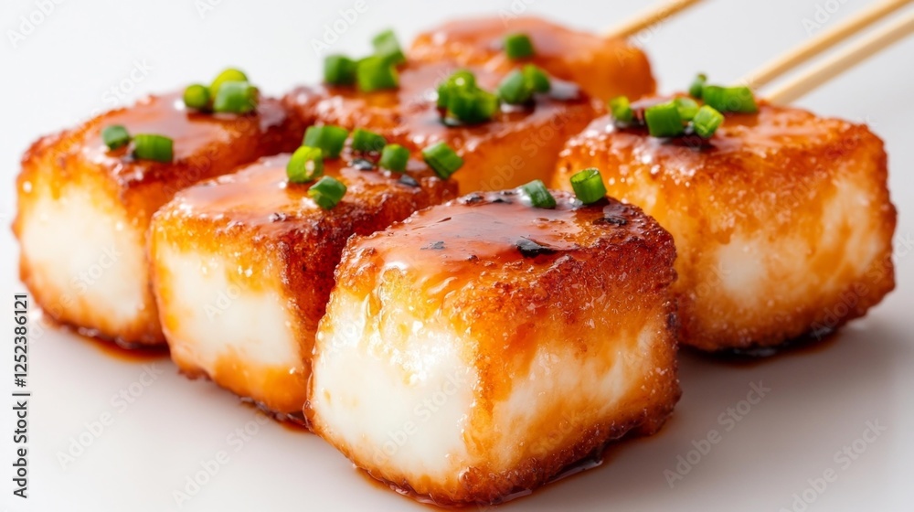 Delicious Crispy Fried Tofu Skewers with Sauce and Green Onion Garnish. Generative AI Delicious Crispy Fried Tofu Skewers with Sauce and Green Onion Garnish. Generative AI