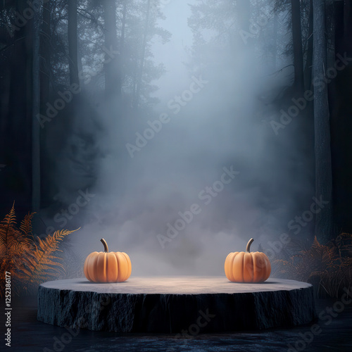 Haunted forest-themed podium surrounded by eerie fog and glowing pumpkins, dark and spooky Halloween product showcase photo