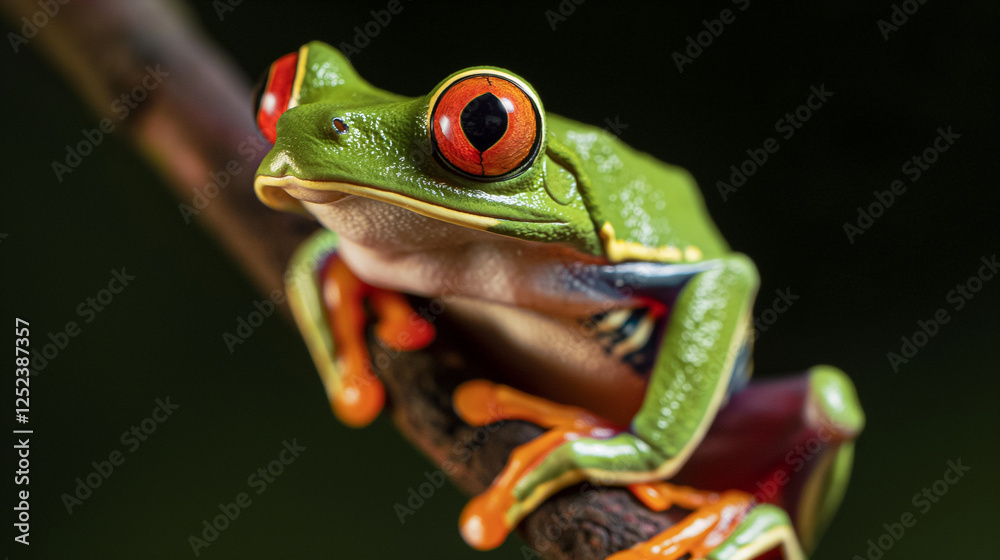 Vibrant red eyed tree frog perched on branch Vibrant red eyed tree frog perched on branch