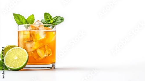 Refreshing Drink with Ice Lime and Basil on a White Background. Generative AI photo