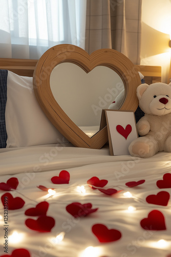Heart shaped mirror, teddy bear and valentine's day card creating romantic be...