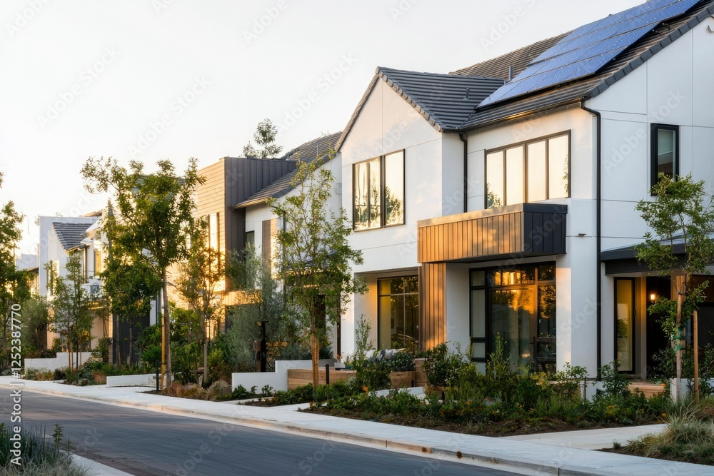 Suburban Street Modern homes with solar panels on the roof. Lush landscaping view Suburban Street Modern homes with solar panels on the roof. Lush landscaping view