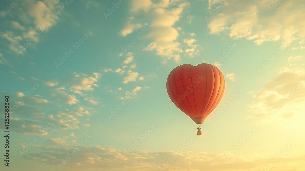 Fototapeta premium Heart Shaped Hot Air Balloon Flying in Warm Light Sky with Fluffy Clouds