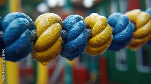 Close-up of colorful knotted ropes on a playground in rain photo