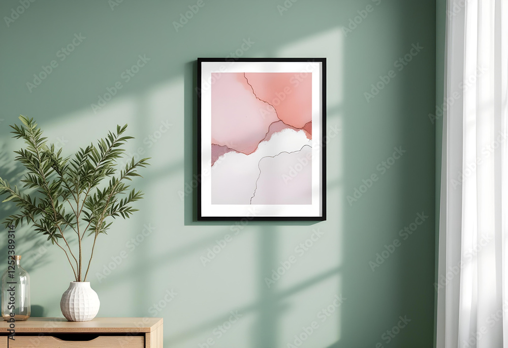 Obraz premium A photo frame displaying an abstract painting on a clean green-colored wall with a vase and soft lighting