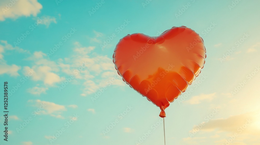 Fototapeta premium Red Heart Shaped Balloon Floating in a Blue Sky with Scattered Clouds Represents Love Romance and Celebration