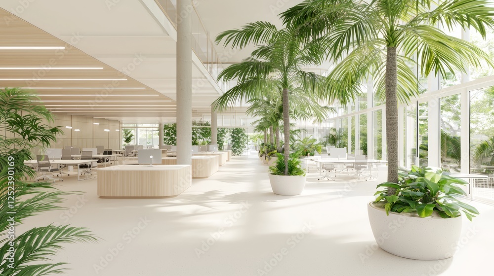Fototapeta premium Contemporary Coworking Space with Abundant Natural Light and Greenery