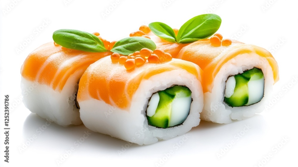 Sushi rolls with salmon cucumber and basil served with fish roe isolated on a white background. Generative AI Sushi rolls with salmon cucumber and basil served with fish roe isolated on a white background. Generative AI