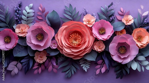 Fototapeta Naklejka Na Ścianę i Meble -  Large pink paper peonies surrounded by delicate leaves arranged beautifully on a pastel purple background