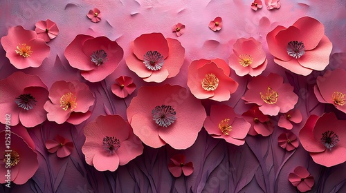 Bright pink paper floral cutouts layered to create depth on a textured lavender surface