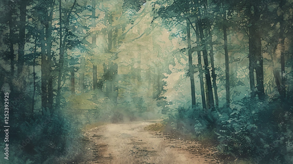Fototapeta premium A painting of a path winding through a forest.