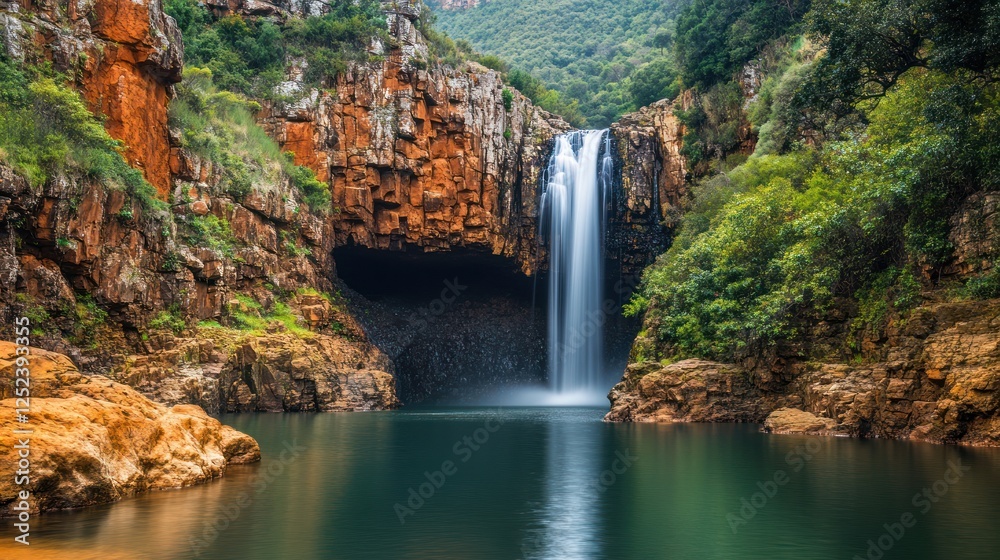 Fototapeta premium Waterfall cascading into pool, lush canyon. Nature, travel, landscape