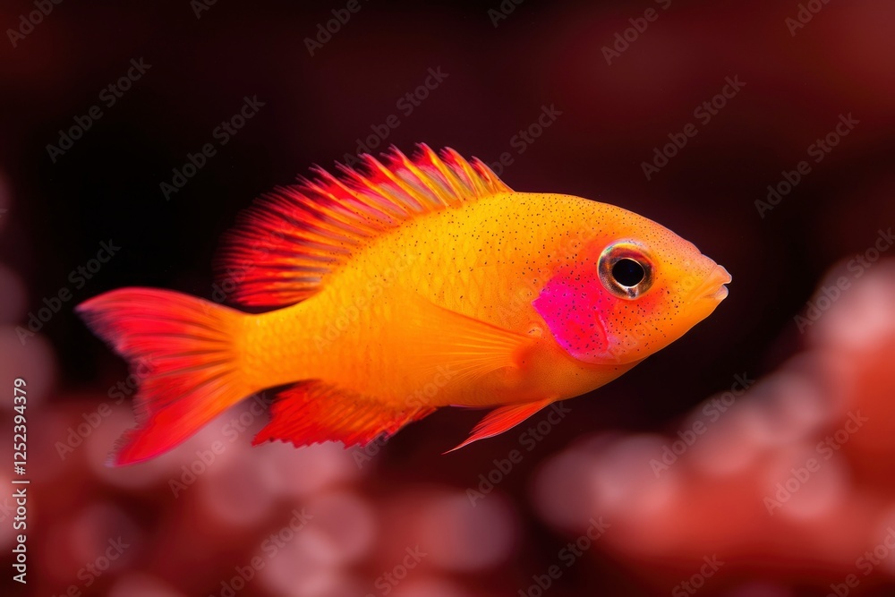 Bright colorful fish swims gracefully in underwater habitat; coral reef backdrop Bright colorful fish swims gracefully in underwater habitat; coral reef backdrop