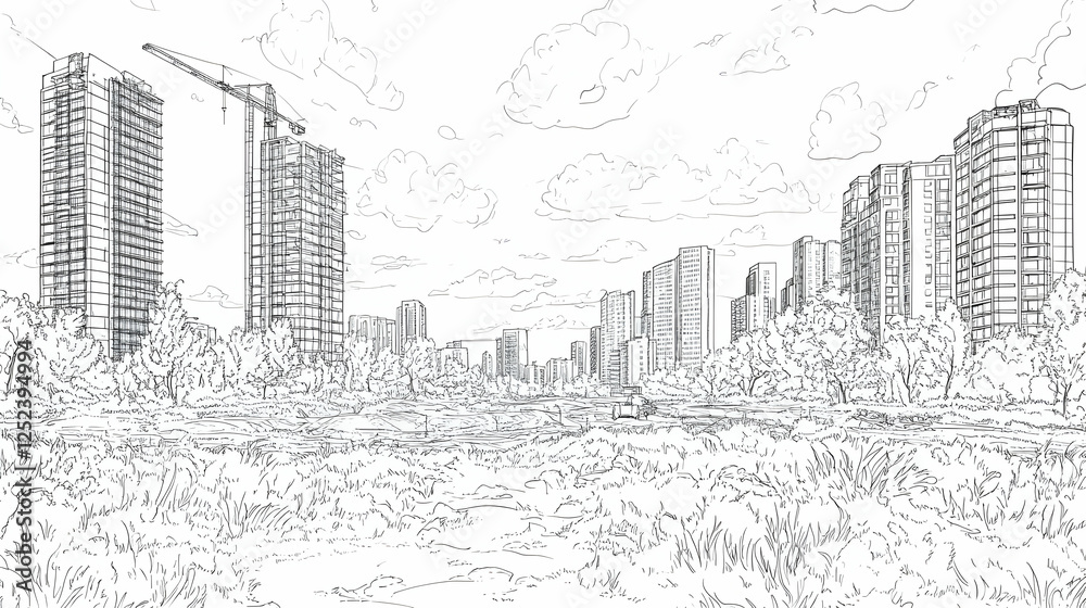 Fototapeta premium Cityscape sketch buildings, park, construction