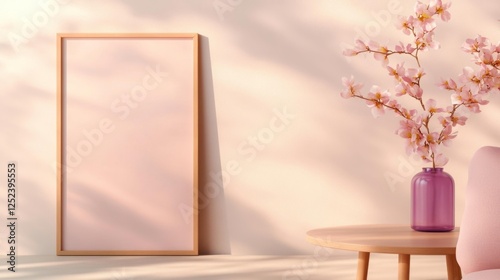 Modern Room with Vase of Pink Cherry Blossoms Framed Picture and Wooden Table. Generative AI photo