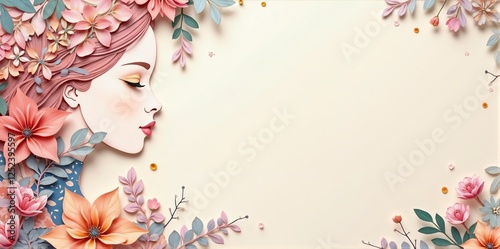 Colorful floral artwork featuring a serene woman's profile with a blend of delicate flowers and leaves in a soft, pastel palette. For the International Women's Day