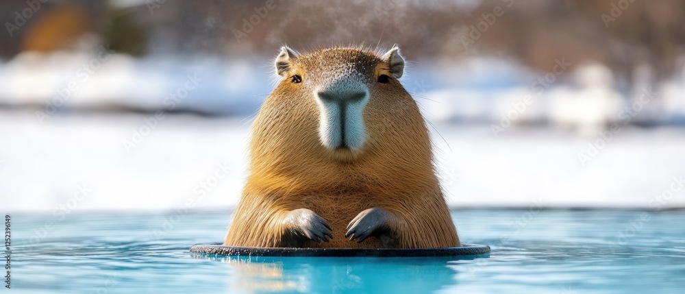 Obraz premium Capybara relaxing in a blue hot spring surrounded by snow and winter landscape