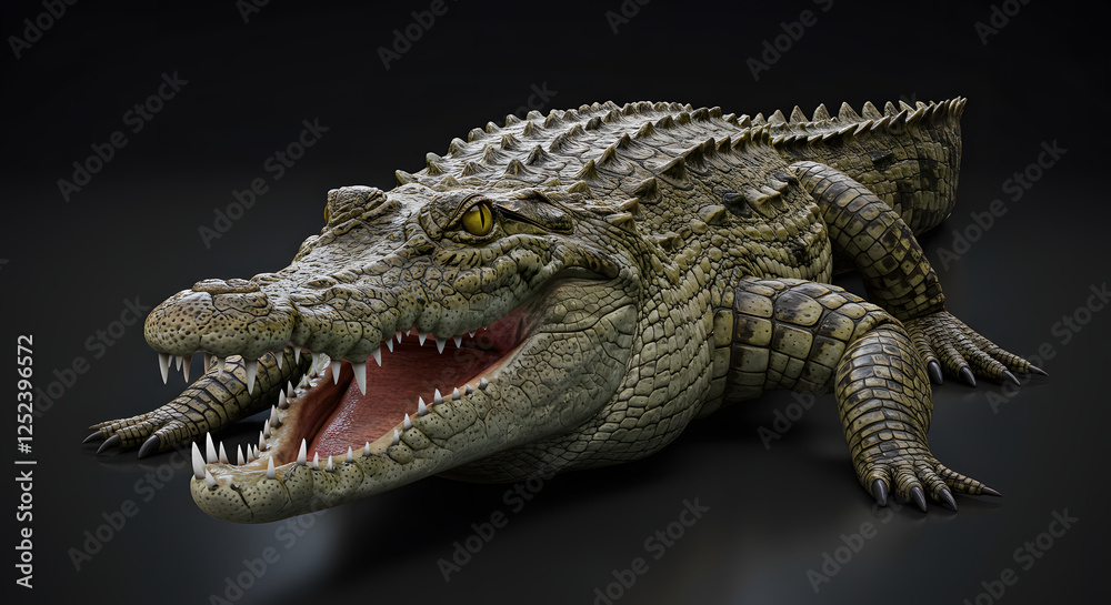 Obraz premium Large Crocodile with Open Mouth Showing Sharp Teeth on Black Background