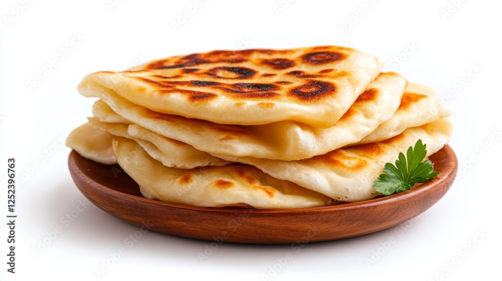 Freshly Made Flatbread Stacked on a Wooden Plate with Green Garnish. Generative AI Freshly Made Flatbread Stacked on a Wooden Plate with Green Garnish. Generative AI