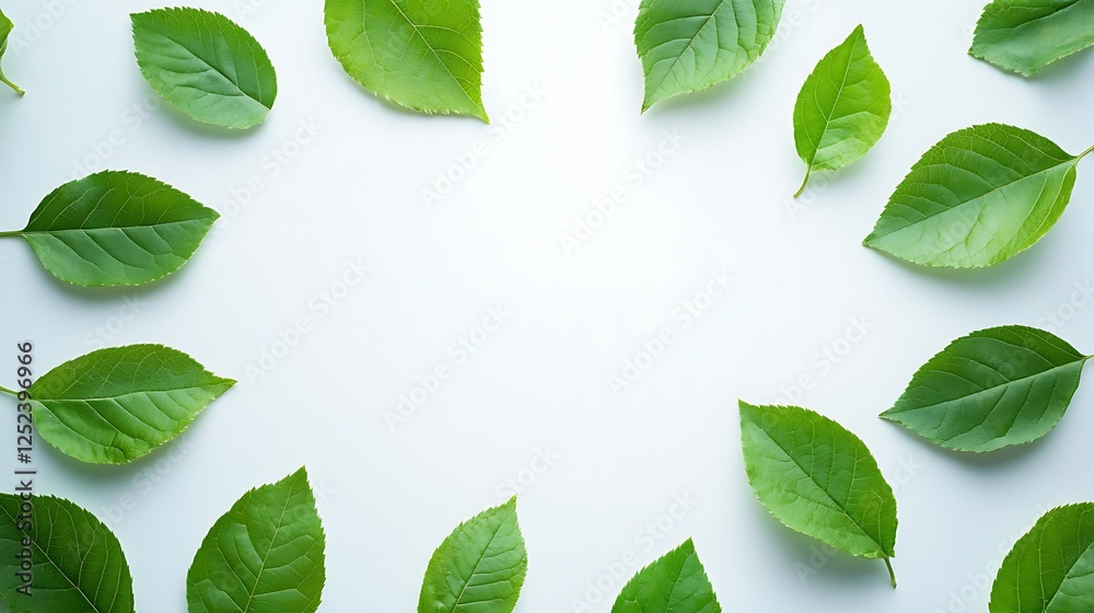 Fototapeta premium Green leaves arranged in a frame on white background