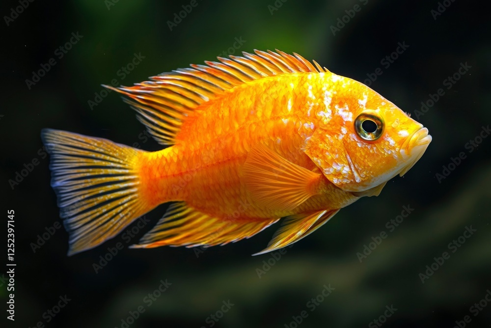 Orange fish swims gracefully in aquarium with dark background. Stock image use Orange fish swims gracefully in aquarium with dark background. Stock image use