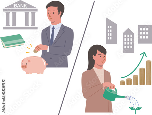銀行に貯蓄をする男性と株式に投資する女性を比較したベクターイラスト