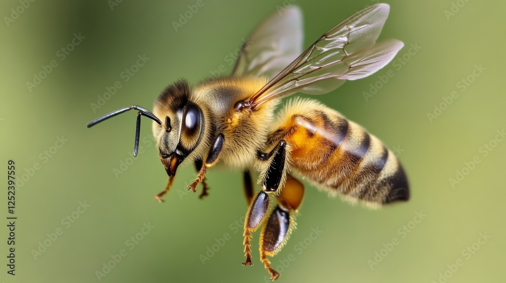 Close-up of honeybee in flight with blurred green background. Nature and wildlife concept Close-up of honeybee in flight with blurred green background. Nature and wildlife concept