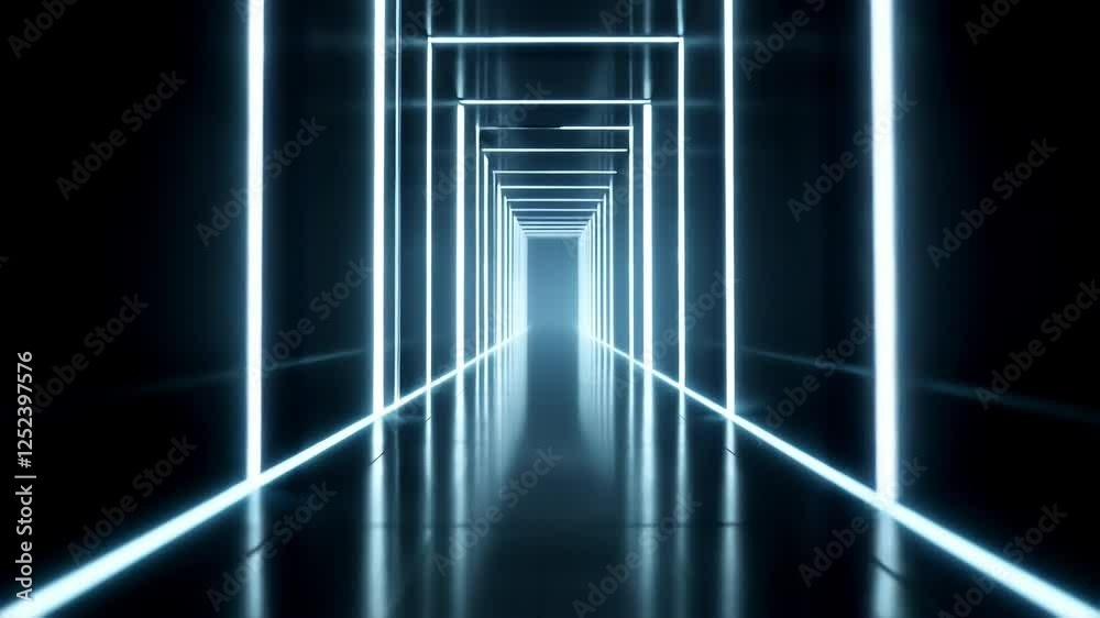 Glowing white light tunnel with endless reflections and symmetry