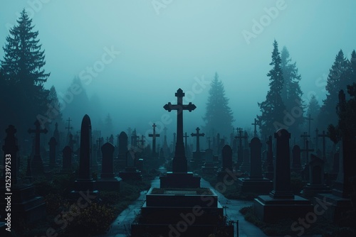 Cemetery at dawn headstones in a dark graveyard with cross. Background fog