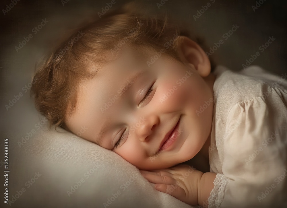 A close-up of the face and mouth profile view of an adorable newborn baby sleeping on a white blanket. The little boy is smiling A close-up of the face and mouth profile view of an adorable newborn baby sleeping on a white blanket. The little boy is smiling