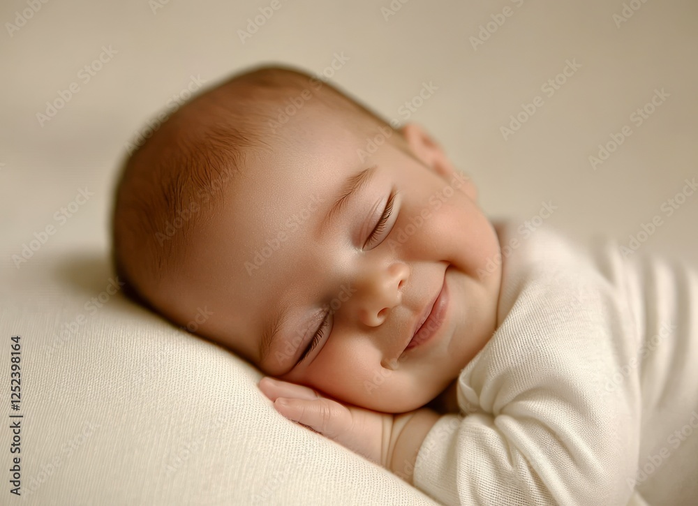 A close-up of the face and mouth profile view of an adorable newborn baby sleeping on a white blanket. The little boy is smiling A close-up of the face and mouth profile view of an adorable newborn baby sleeping on a white blanket. The little boy is smiling