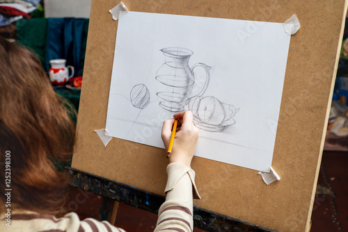 Girl artist in art studio drawing pencil sketch on easel. 