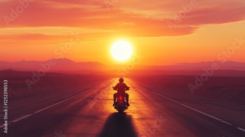 Motorcycle rider silhouetted against a vibrant sunset sky on an open road