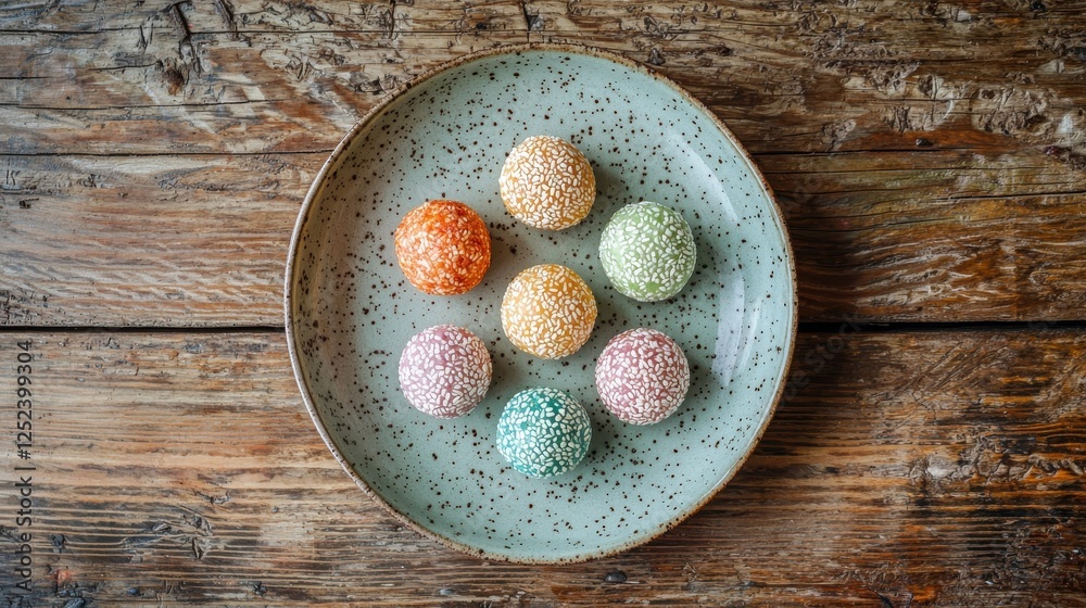 Vibrant Selection of Colorful Vegan Protein Balls Arranged Beautifully on a Rustic Plate Vibrant Selection of Colorful Vegan Protein Balls Arranged Beautifully on a Rustic Plate