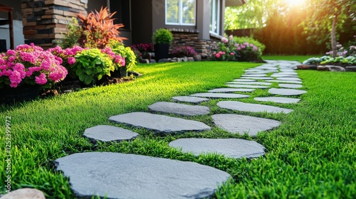 Stone Pathway in a Lush Garden: A winding stone pathway invites you to explore a vibrant and well-kept garden, bathed in the warm glow of the setting sun.