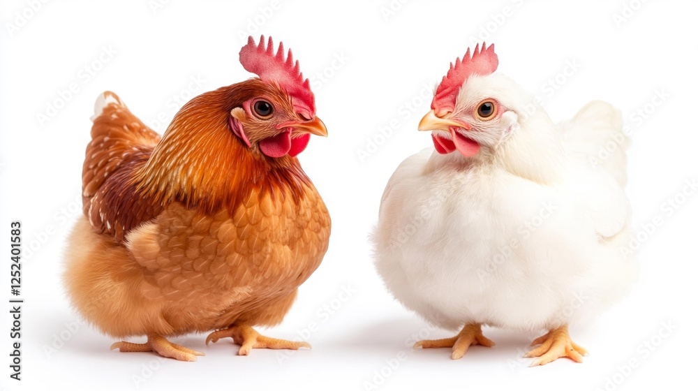 Fototapeta premium Two chickens one brown and one white isolated on a white background. Generative AI