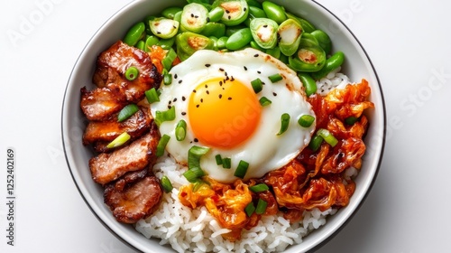 Delicious Asian-Inspired Rice Bowl with Grilled Meat and Fried Egg. Generative AI photo