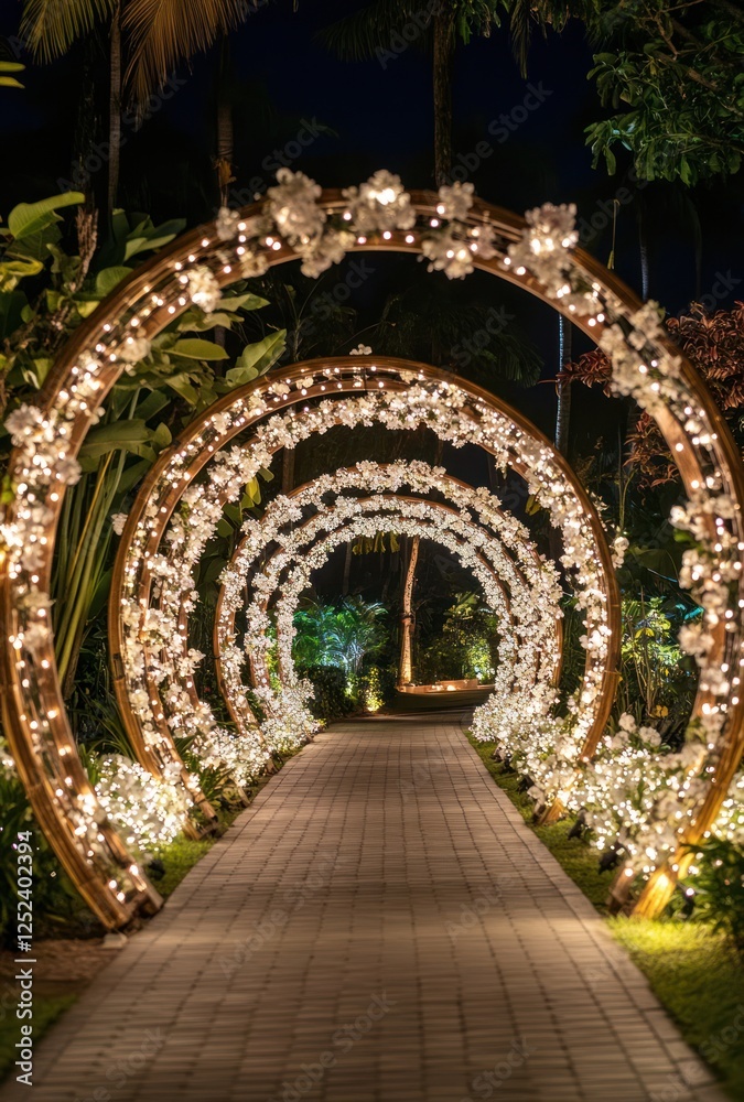 Fototapeta premium Illuminated floral archway path, tropical garden night wedding