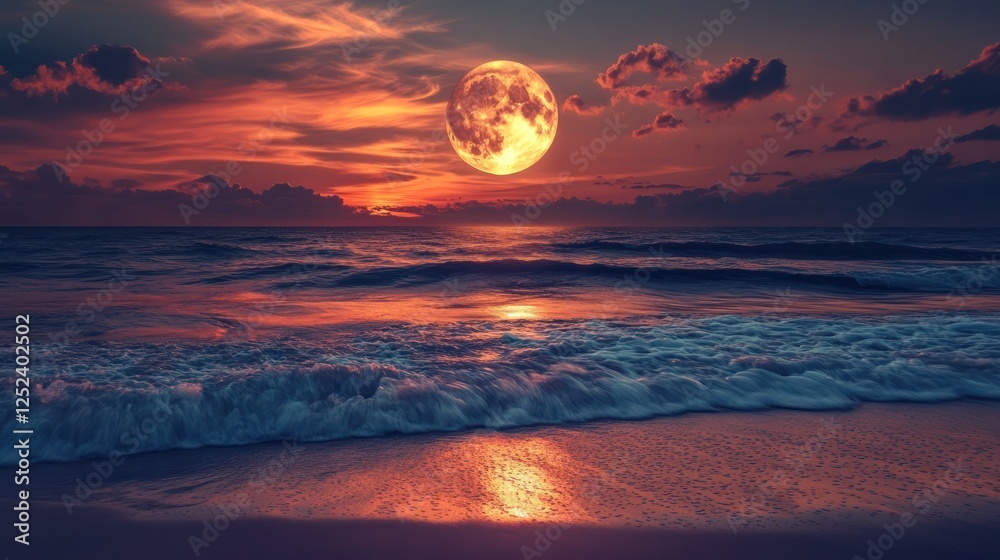 Blood moonrise over ocean beach, waves, sunset sky Blood moonrise over ocean beach, waves, sunset sky